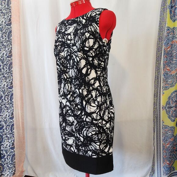 AB STUDIO Black White Sleeveless Tunic Pencil Dress Knee Length Size 6 - Picture 2 of 5